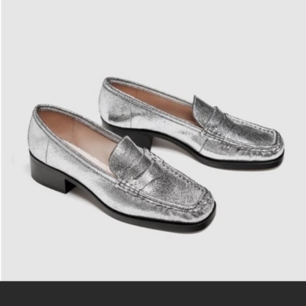Zara Metallic Silver Loafers